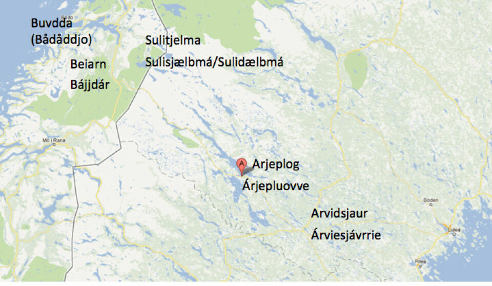Nokre viktige stader i det pitesamiske området med nordgermanske og samiske namn (Foto: Øystein A. Vangsnes/Google Maps)
