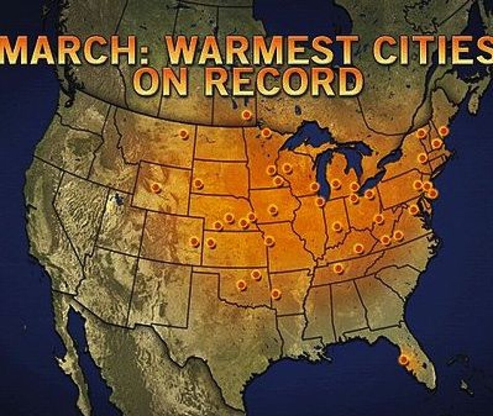 Både Norge og store deler av USA hadde en meget varm mars-måned i år. (Foto: (Accuweather.com))