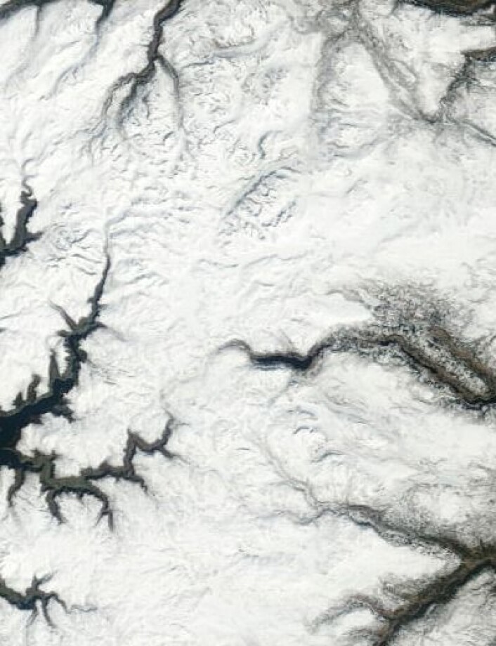 Valdresflya sett fra NASAs satellitt Terra 25. april. (Foto: (NASA Terra MODIS)) Valdresflya sett fra NASAs satellitt Terra 25. april. (Foto: (NASA Terra MODIS))