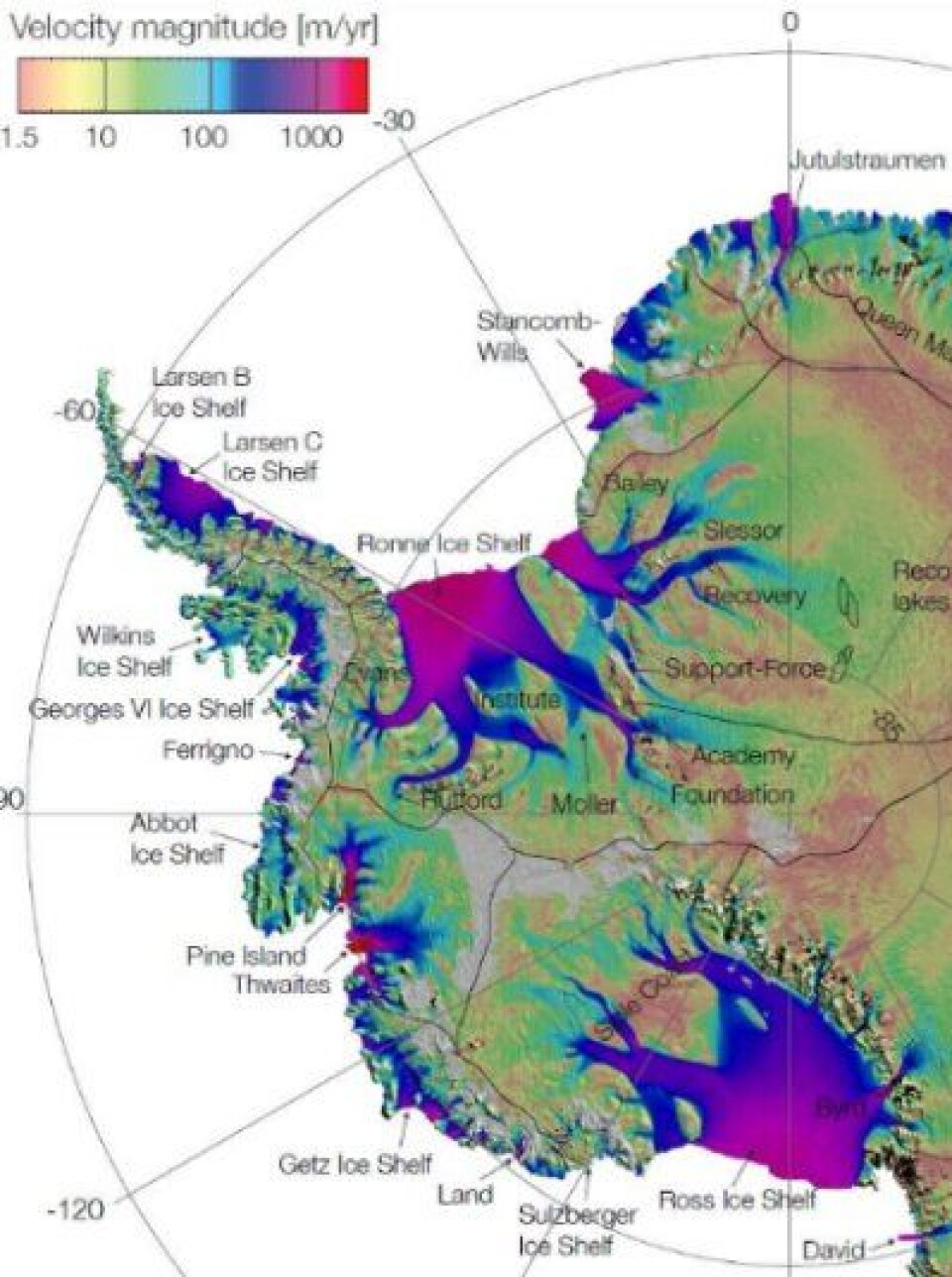 Isbre-hastigheter i Antarktis, målt med interferometrisk bruk av radarsatellittbilder. Se link til NASA for større bilde av hele Antarktis. (Foto: NASA/JPL - Caltech/UCI)