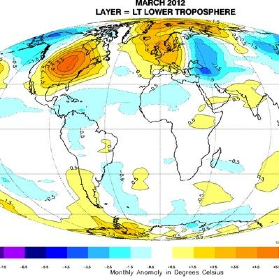 Satellittmålt temperaturavvik fra normalen i nedre troposfære for mars 2012. (Foto: (UAH))