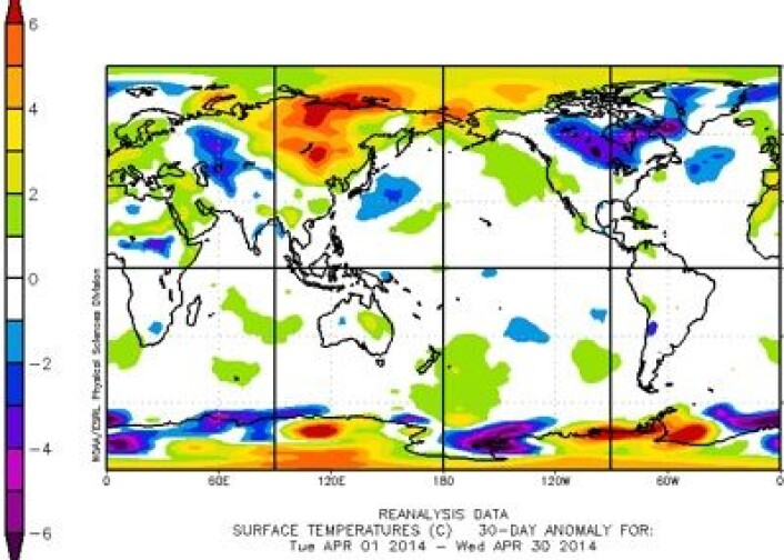 April 2014: Meget varmt i Sibir, kaldt i Canada. Og behagelig i Nord-Europa. (Foto: (30 døgns reanalyse fra NOAA)) April 2014: Meget varmt i Sibir, kaldt i Canada. Og behagelig i Nord-Europa. (Foto: (30 døgns reanalyse fra NOAA))