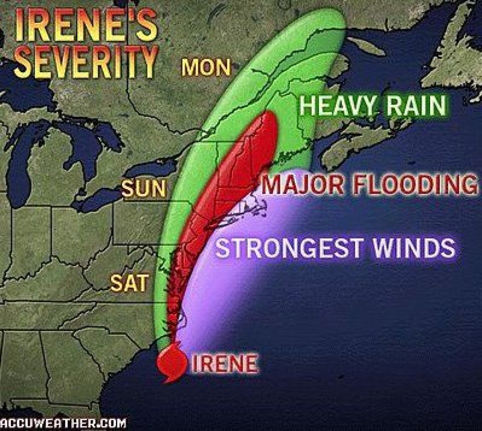 Nyeste prognose for 'Irene' når denne bloggen skrives på fredagskvelden. (Foto: (Accuweather.com))