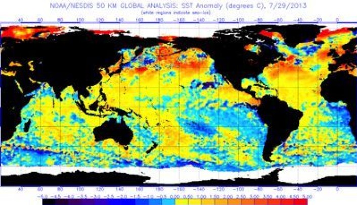 Satellittmålt temperatur i havoverflaten (avvik fra normalen), oppdatert av NOAA 29. juli. (Foto: (NOAA)) Satellittmålt temperatur i havoverflaten (avvik fra normalen), oppdatert av NOAA 29. juli. (Foto: (NOAA))