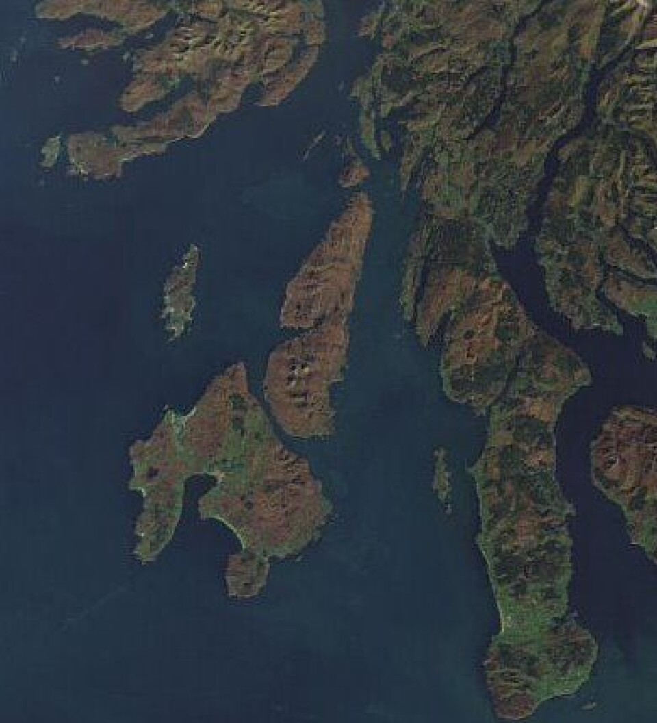 Over til noe helt annet: Her er øya Jura, hvor forfatteren George Orwell hostet blod og skrev ferdig sin roman '1984' høsten for 62 år siden. Hvor ville Orwell stått i klimadebatten? Bilde tatt fra ENVISAT 11. okt. (ESA)