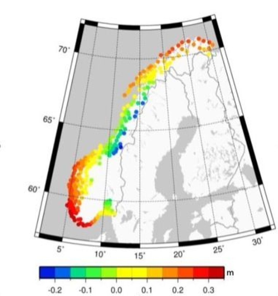 Den nye norske prognosen for relativ endring i havnivå fram til år 2100. (Foto: (Kartverket))