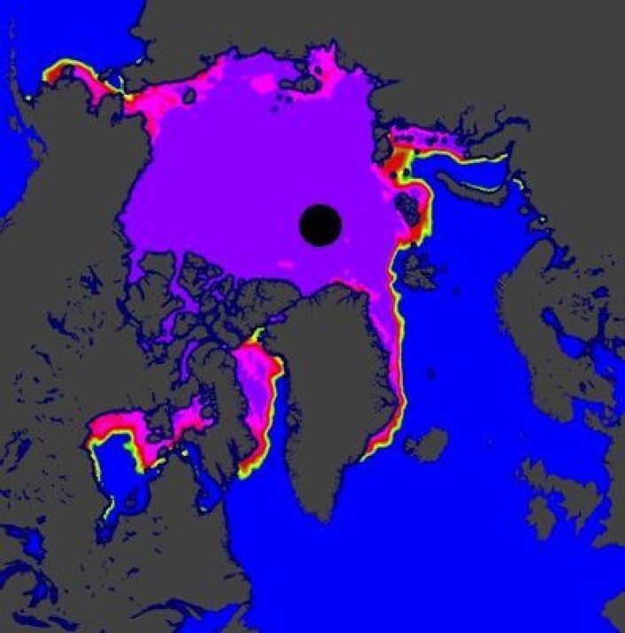 Hudson Bay og Karahavet holder stand foreløpig, men isen nærmer seg nå. (Foto: (EUMETSAT osisaf.met.no)) Hudson Bay og Karahavet holder stand foreløpig, men isen nærmer seg nå. (Foto: (EUMETSAT osisaf.met.no))
