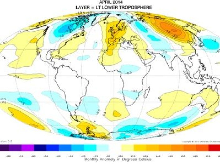 Temperaturavvik fra normalen (1981-2010) i nedre troposfære for april 2014: Varmt i Sibir og Vest-Europa, kaldt i Nord-Amerika. (Foto: (UAH)) Temperaturavvik fra normalen (1981-2010) i nedre troposfære for april 2014: Varmt i Sibir og Vest-Europa, kaldt i Nord-Amerika. (Foto: (UAH))