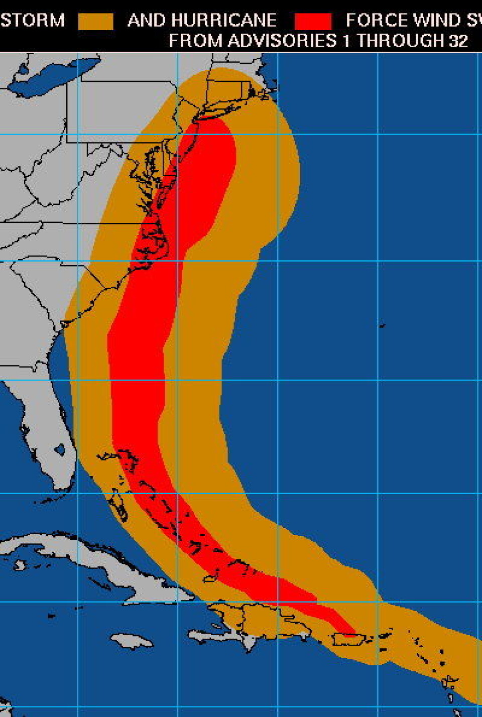 Irenes vind-historie i skrivende stund, basert på NOAAs observasjoner og varsler. (Foto: (NOAA National Hurricane Center))