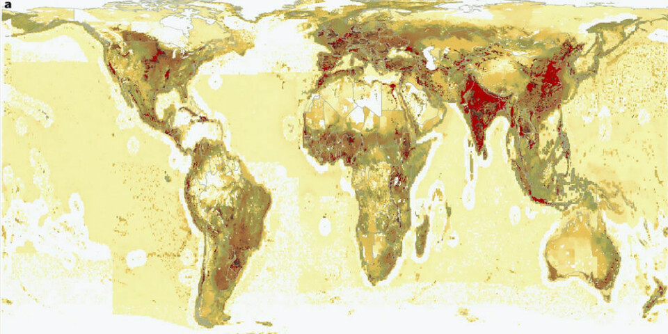 From beige (least) to red (most), the map shows the overall impact of food production on the environment. India and China exert the greatest pressure on the environment. The coastal areas of northern Germany, the Netherlands, Belgium and northern France have the greatest environmental impact in northern Europe.