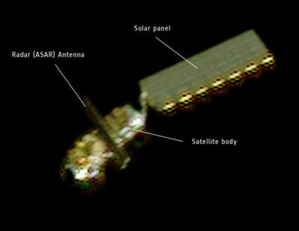 ENVISAT sett fra den franske satellitten Pleiades-1, en uke etter at ENVISAT ble taus. (Foto: (CNES))