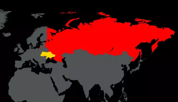 Kartet viser Russland (rødt) og Ukraina (gult).