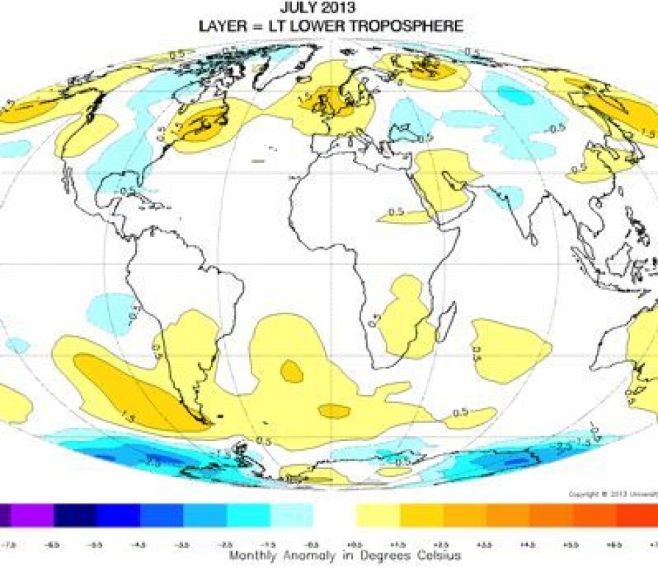 Temperaturkart (avvik fra normalen) for nedre troposfære i juli 2013. (Foto: (UAH))