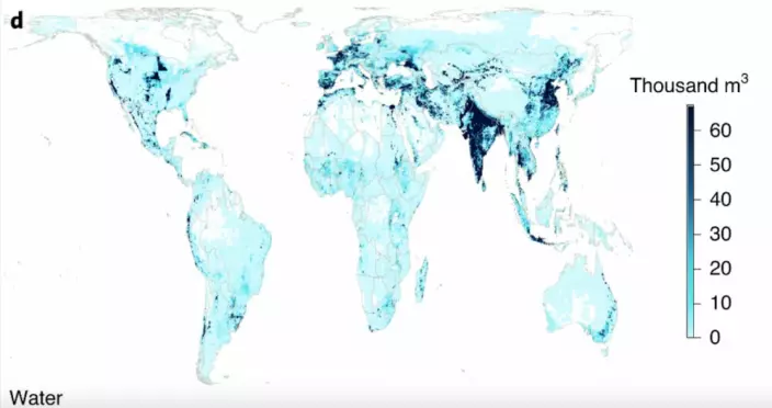 This map shows the consumption of water used for food production. The darker the blue, the more water is being used.