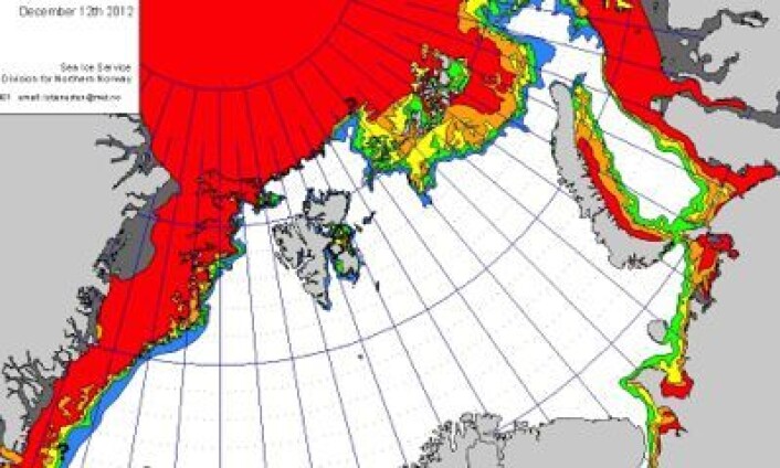 Det norske iskartet for Barentshavet 12. desember. (Foto: (met.no)) Det norske iskartet for Barentshavet 12. desember. (Foto: (met.no))