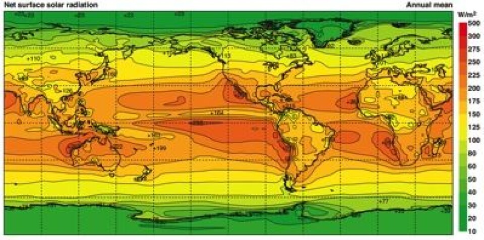 Årlig middelverdi for soloppvarmingen ved havnivå (net surface solar radiation), i.flg. en reanalyse ved ECMWF. (Foto: (Kallberg et al 2005))