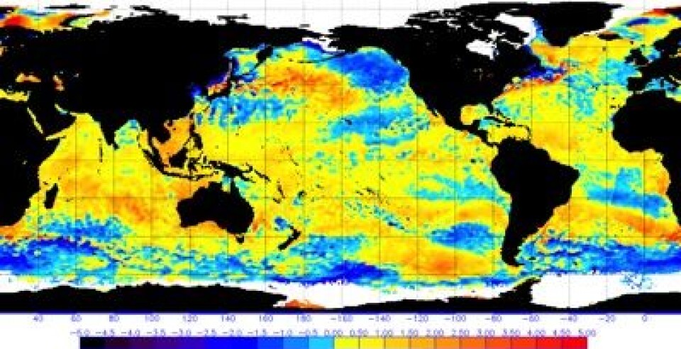 Temperaturavviket fra normalen i havoverflaten 20 desember. Nøytral ENSO, og temmelig varmt i Det indiske hav. (Husk at denne projeksjonen overdriver polområdenes størrelse). (Foto: (NOAA))
