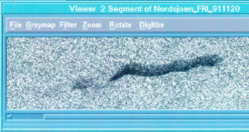 20. november 1991 dukket det opp et 4 km langt oljeflak i et radarbilde som ERS-1 tok over Nordsjøen. Og interessen for satellittovervåkning økte i det som den gang het Statens Forurensingstilsyn (SFT). (Foto: (ESA/TSS/FFI))