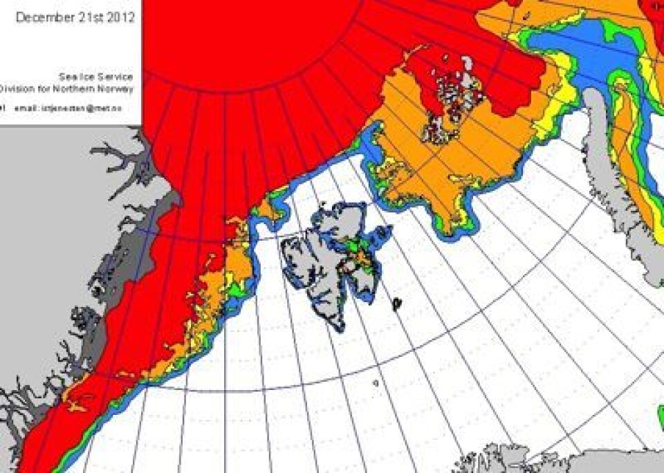 Kanskje vil julen 2012 bli husket for at man kunne seile isfritt rundt hele Svalbard? (Foto: (Iskart fra met.no 21 desember))