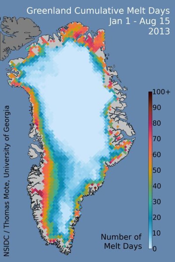Fargekart som viser antall dager med issmelting på Grønlands iskappe i år. (Foto: (NSIDC / T Mote, Univ Georgia)) Fargekart som viser antall dager med issmelting på Grønlands iskappe i år. (Foto: (NSIDC / T Mote, Univ Georgia))