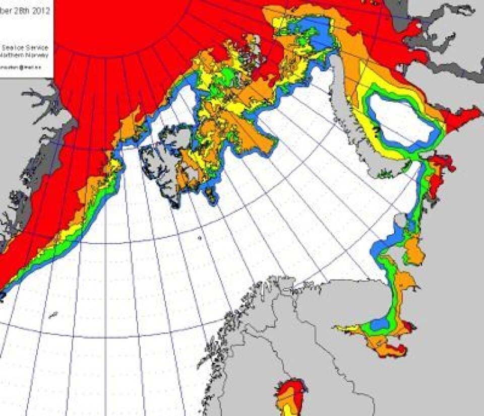 Der lukket drivisen seg rundt østsiden av Svalbard. Og det er ikke mye klaring i nord-vest heller, i dette iskartet fra 28 desember. (Foto: (met.no))
