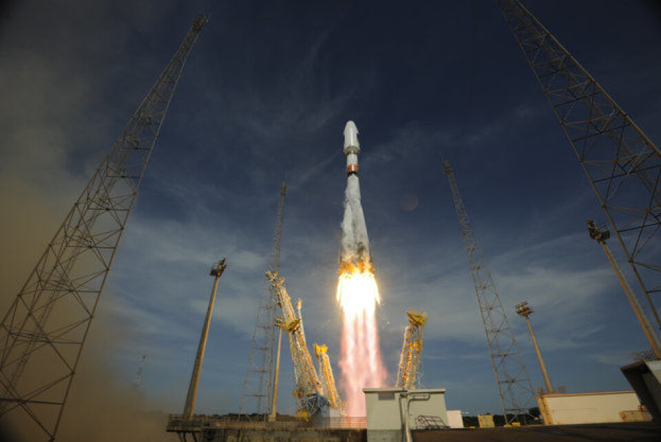 Oppskyting av Galileo-satellitt med Sojus-rakett fra den europeiske rombasen på Kourou i Fransk Guyana. (Foto: ESA)