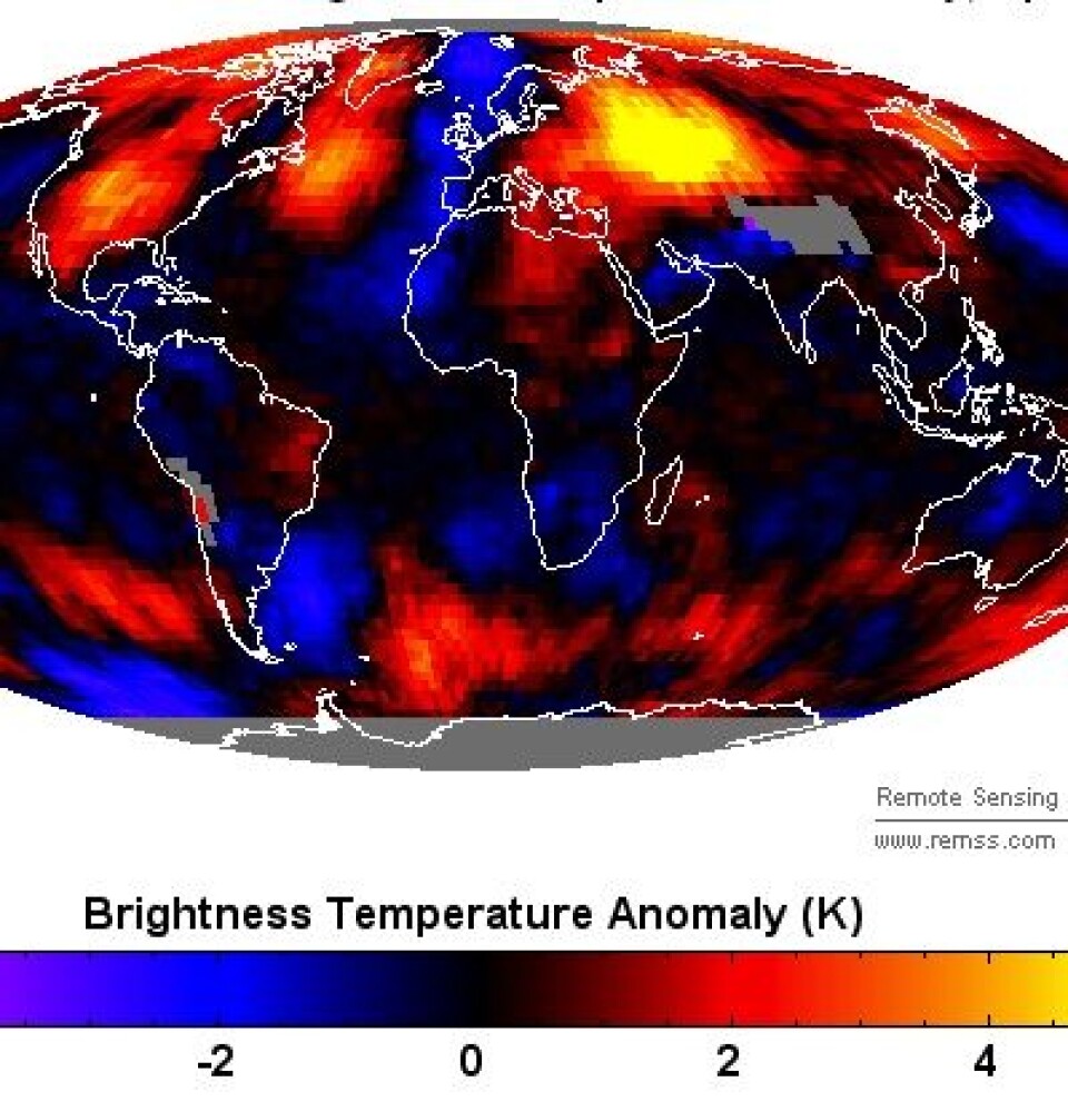 En kald april i Norge. Men desto varmere i USA, Canada og Russland, målt i nedre troposfære fra satellitt. (Foto: (RSS))