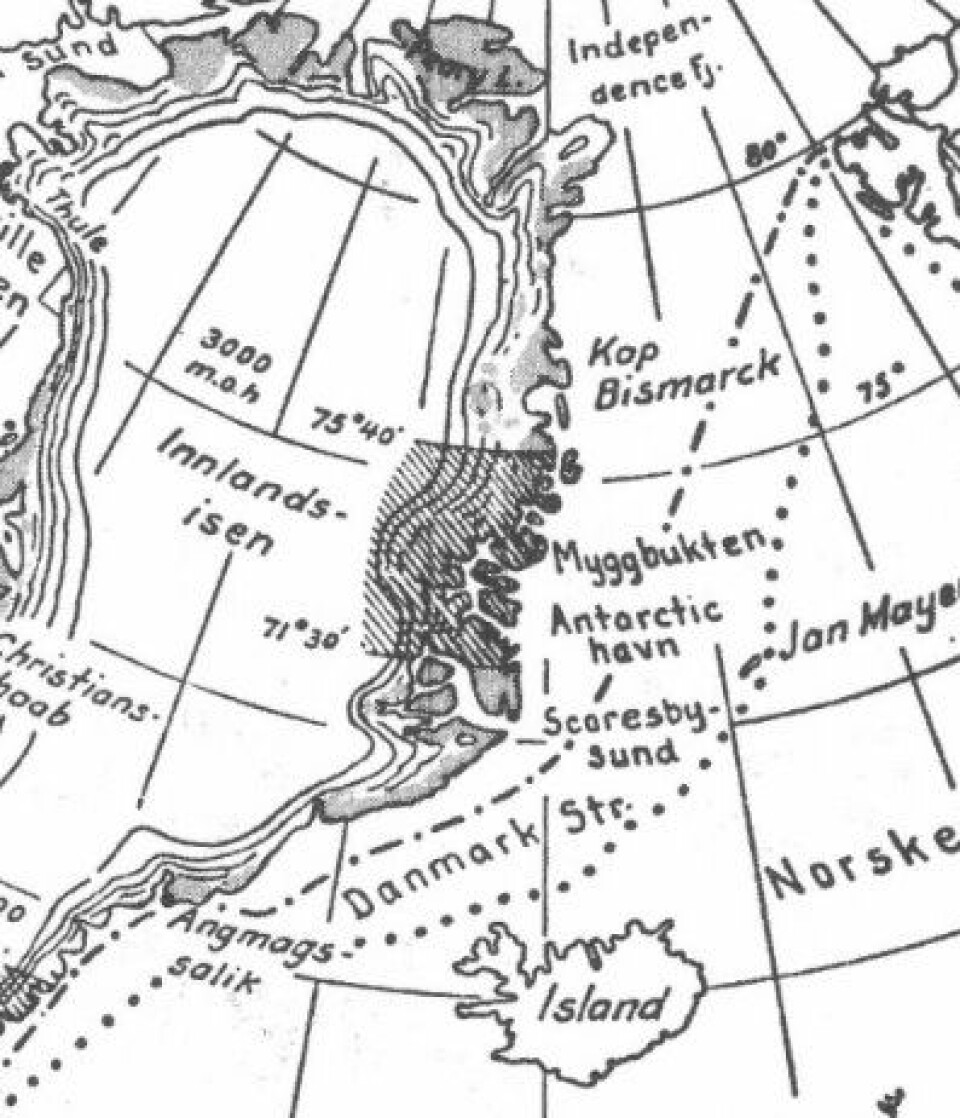Utsnitt fra iskartet som ble laget for Helge Ingstads bok i 1935. Ingen tvil om at grensen for sommerisen gikk lengre sør den gang enn nå. (17-10-1935 H.I./O.I)