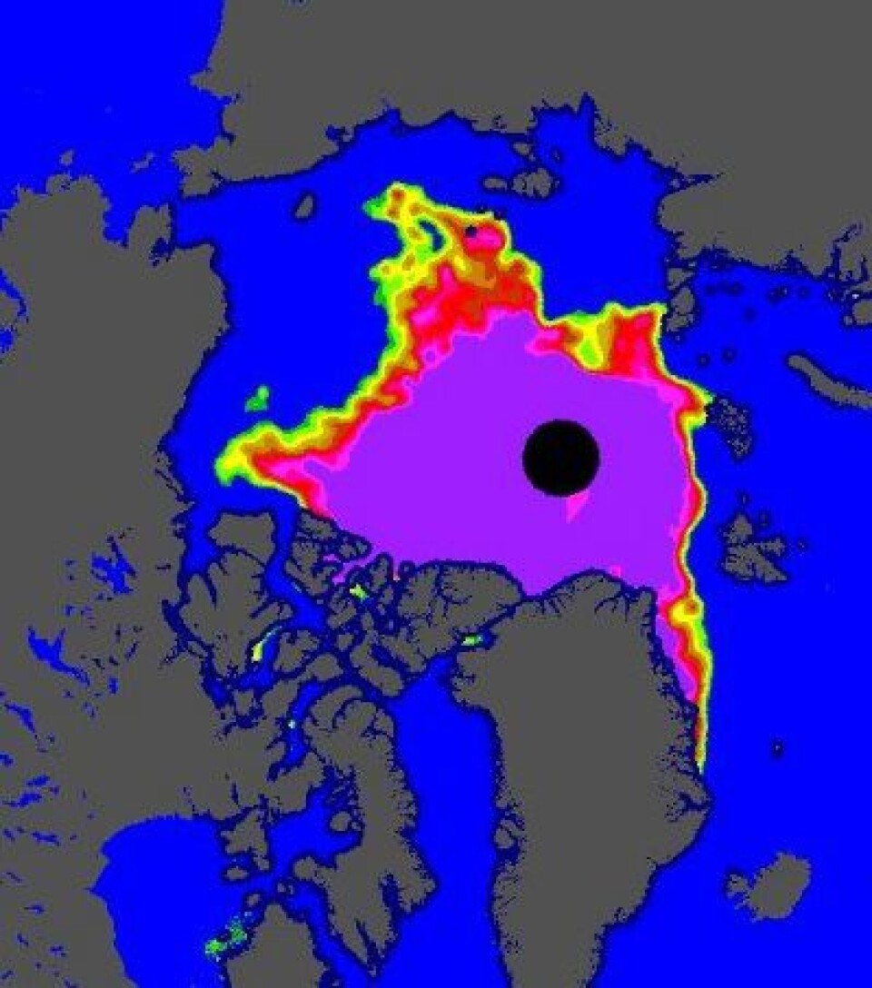 Det er norske met.no som produserer de iskartene for Arktis som europeiske meteorologer bruker som input til sine numeriske værvarslingsmodeller. Her er iskonsentrasjonen i Polhavet 8 september. (Foto: (http://osisaf.met.no))