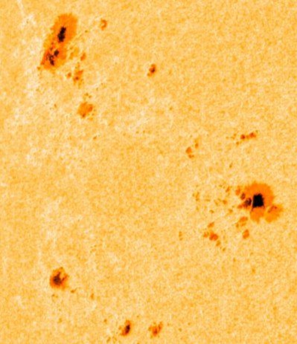 Mye solflekker der oppe i disse dager. Her er noen av dem, sett 15 sept. fra SDO. (Foto: (NASA SDO))