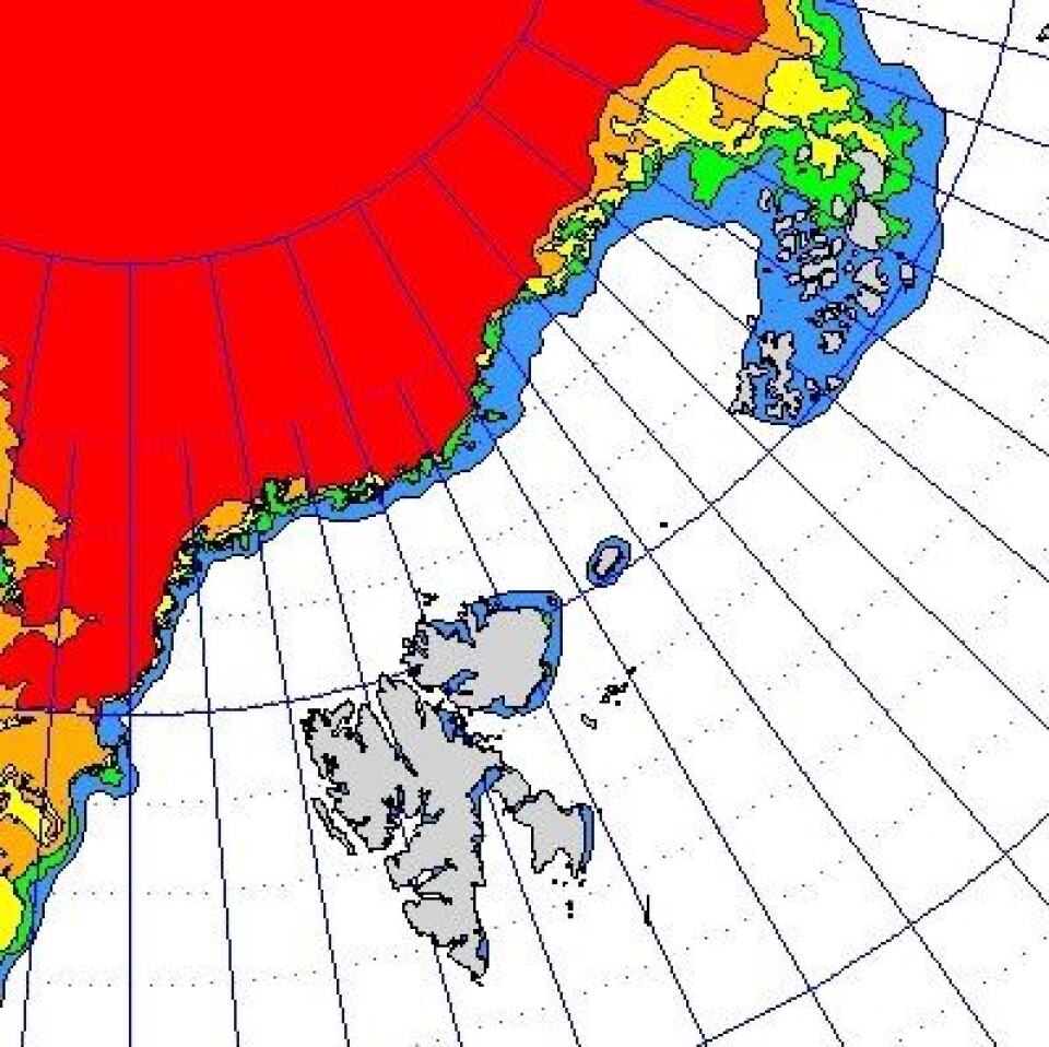 Mye åpent vann nå mellom Svalbard og iskanten, iflg met.no's iskart for 16 sept. Men det er et stykke igjen til et isfritt Polhav ... (Foto: (met.no))