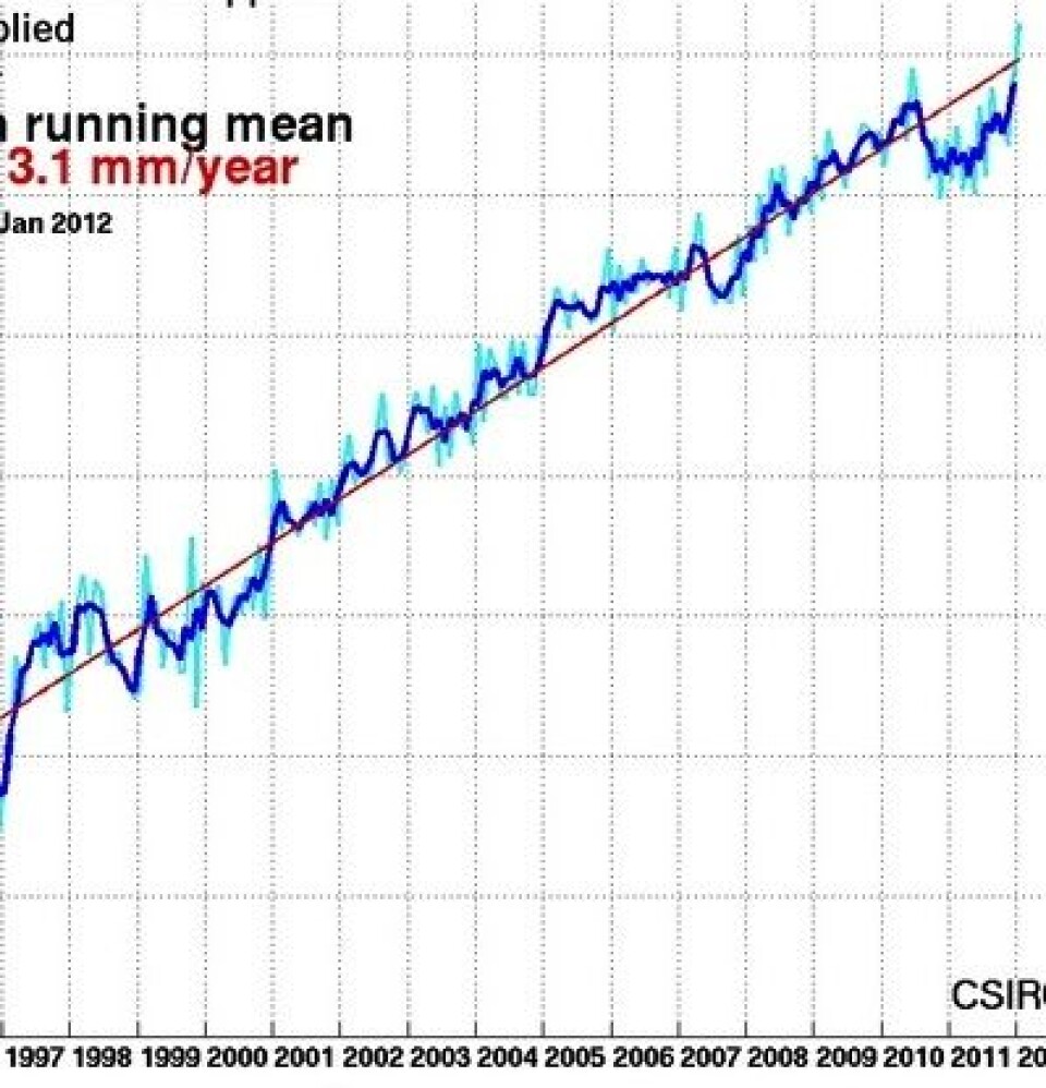 Satellittmålt globalt havnivå, her analysert ved australske CSIRO pr utløpet av januar. Den røde trend-kurven er på 3,1 mm/år. Månedsverdien er lys blå, mens tre måneders gjennomsnitt er mørk blå. (Foto: (CSIRO))