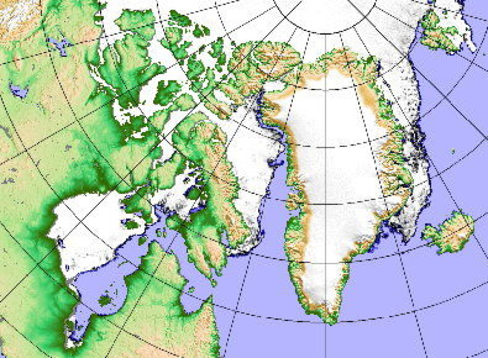 Fortsatt uvanlig lite is i området fra Hudson Bay til Grønland, her målt fra satellitt 18 desember. (PolarView/Univ of Bremen)