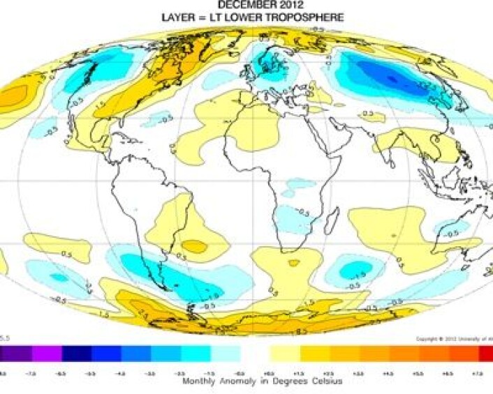 Desember 2012 målt fra satellitt: Varmt i nedre troposfære ved begge polene. (Foto: (UAH)) Desember 2012 målt fra satellitt: Varmt i nedre troposfære ved begge polene. (Foto: (UAH))