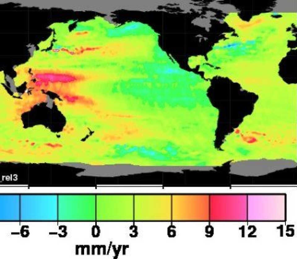 Det har samlet seg mye vann vest i Stillehavet i den perioden som altimetersatellittene har målt. (Foto: (University of Colorado))
