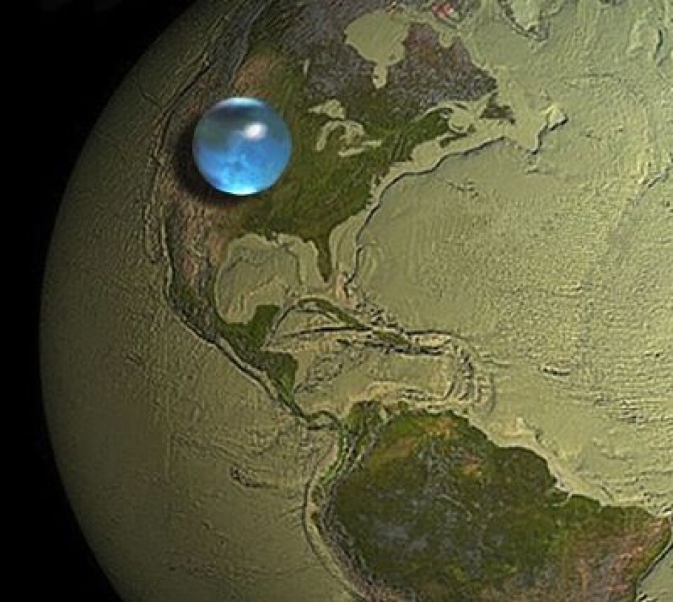 Tenk deg alt vannet på Jorda samlet på ett sted. Da ser det slik ut. Overrasket? (Foto: (James Cook fra Woods Hole Oceanographic Institution, Howard Perlman fra USGS))