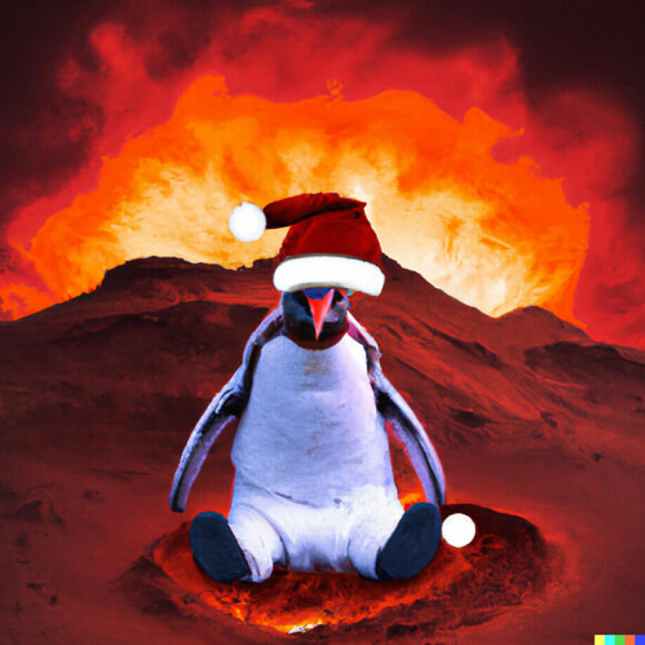 Slik kan et AI-bilde se ut av en pingvin som har nisselue på seg og er på Mars hvor det brenner i bakgrunnen.