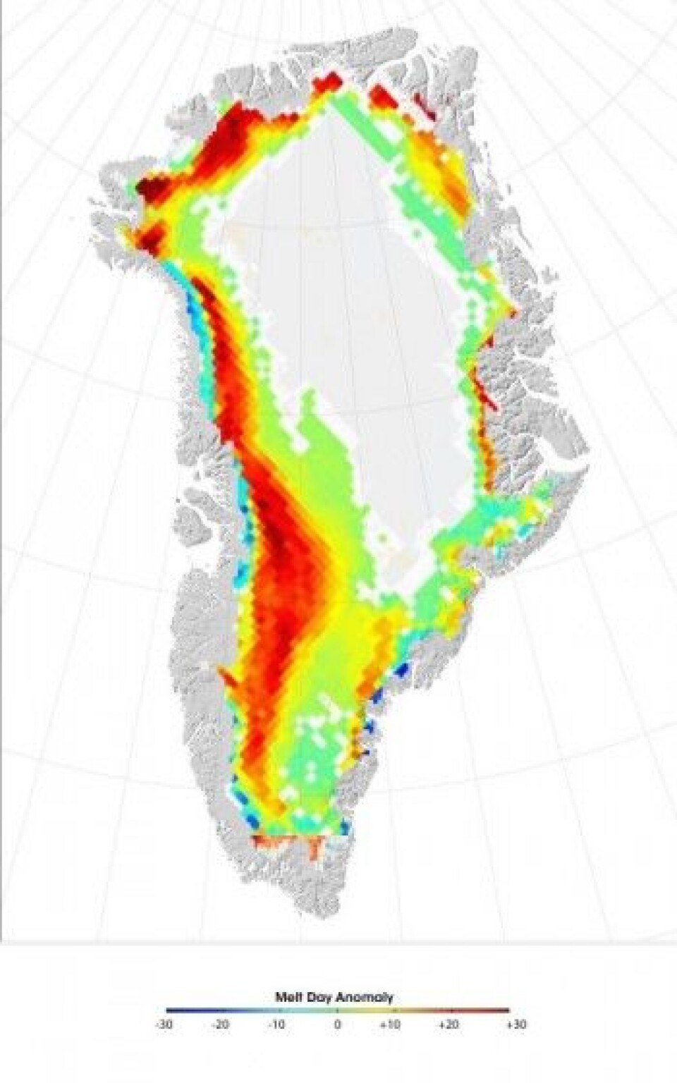 Det ble mange smeltedager på Grønland i år også. Men ingen rekord der i år. (Foto: (Tedesco et al, foreløpige resultater))