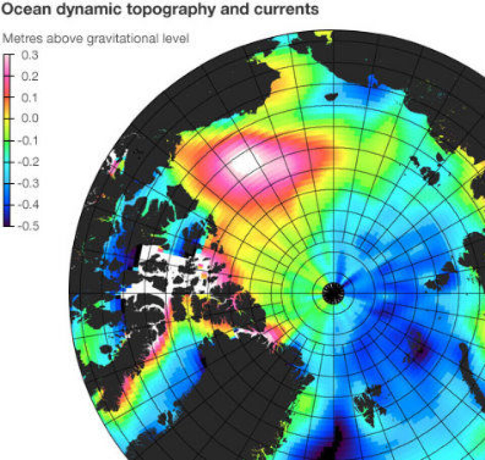 Dynamisk havhøyde målt fra CryoSat-2 i åpent vann og i råker mellom isflakene i Arktis tidligere i høst. En fin, liten forrett før CryoSat-2 serverer sitt første estimat av sjøis-volumet i Arktis. (CPOM/ECL/ESA).