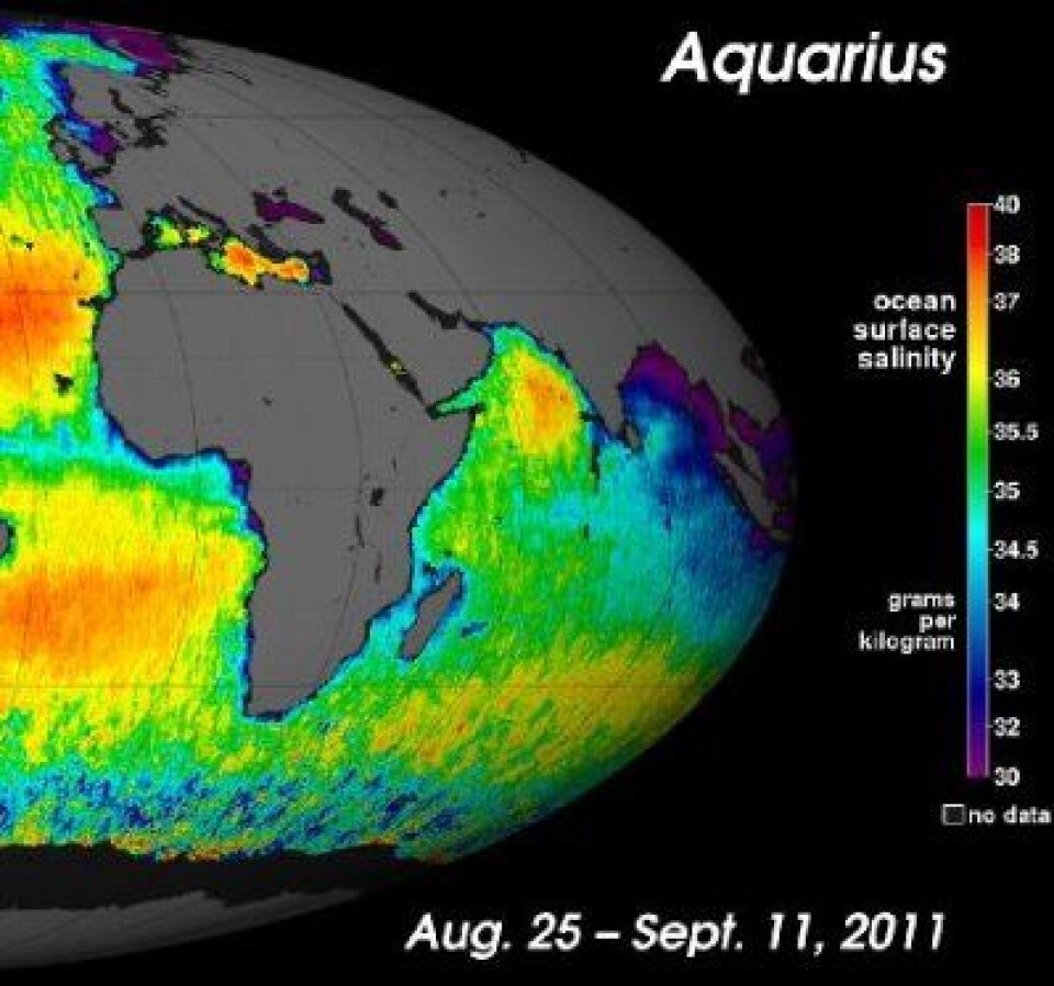 Saltholdighet i havoverflaten, målt fra argentinsk/amerikanske Aquarius. Merk forskjellen mellom det Arabiske hav vest for India og Bengal-bukta øst for India. (Foto: (NASA/GSFC/JPL-Caltech))