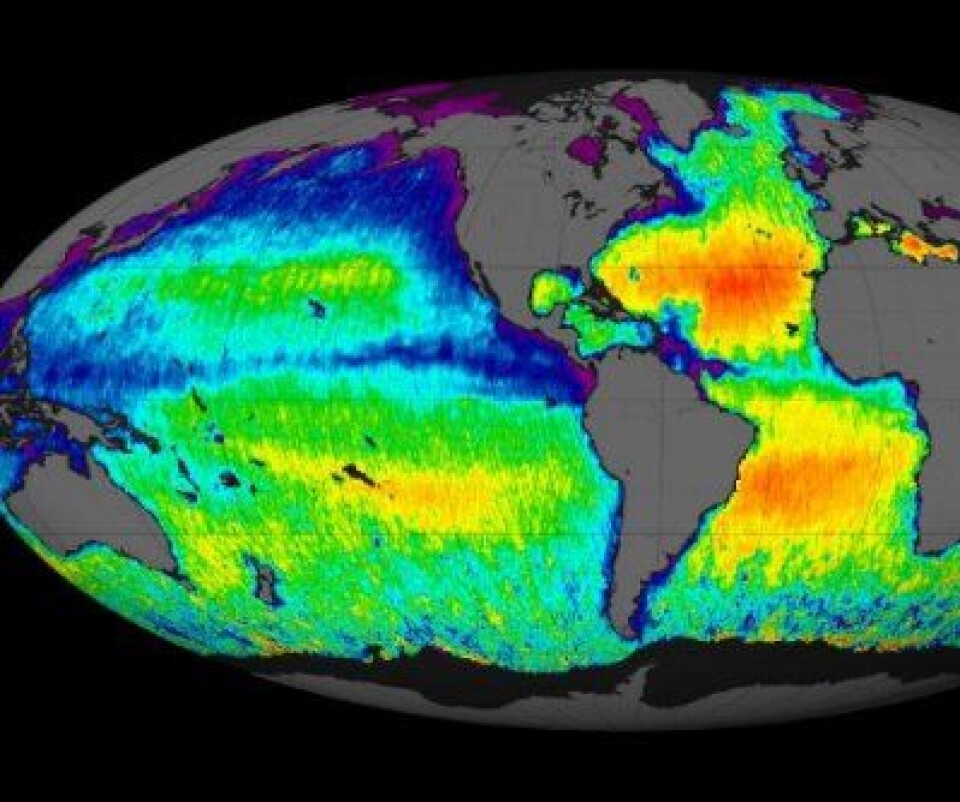 Saltholdighet i havet, målt fra Aquarius i aug/sept. (Foto: (NASA/GSFC/JPL-Caltech))
