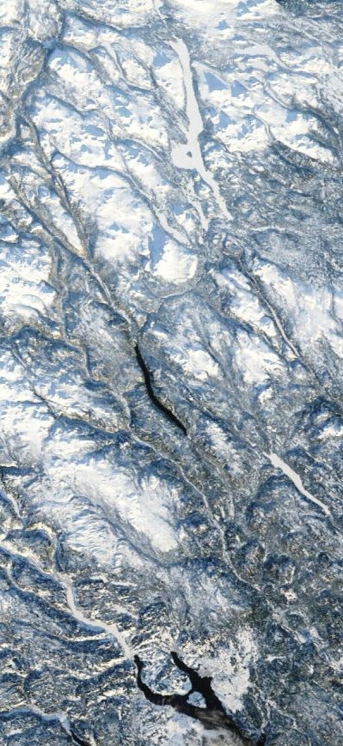 NASAs satellitt Terra tok dette bildet 11. januar. Det er is på Femunden og Osensjøen, åpent vann på Mjøsa og Storsjøen. (Foto: (NASA Terra MODIS)) NASAs satellitt Terra tok dette bildet 11. januar. Det er is på Femunden og Osensjøen, åpent vann på Mjøsa og Storsjøen. (Foto: (NASA Terra MODIS))