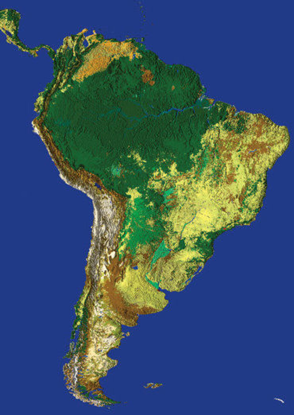 ESA har nylig fullført en global arealdekke-kartlegging, basert på ENVISAT-bilder tatt i 2009. Her er Sør-Amerika. (ESA/Univ Catholique de Louvain)