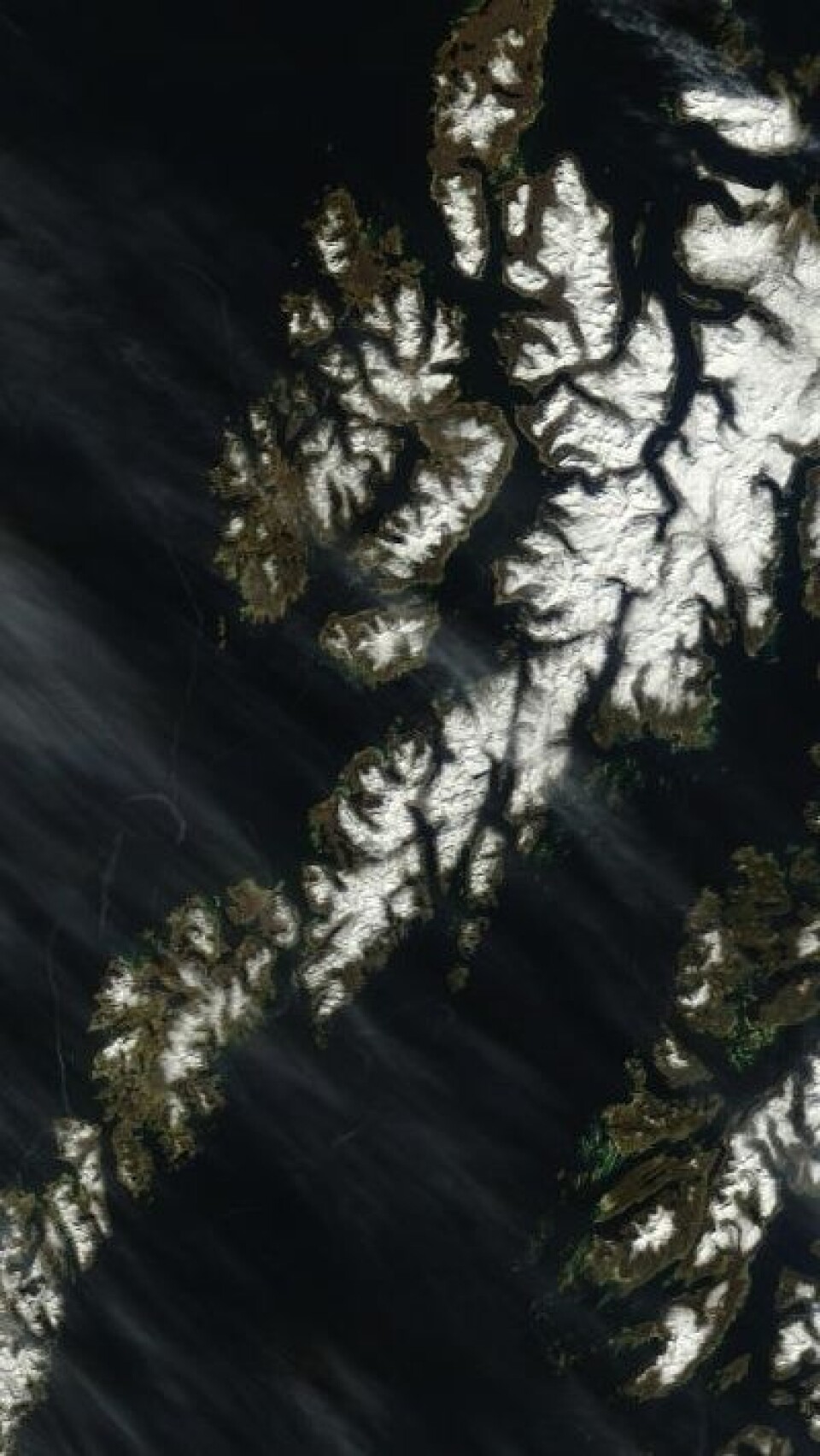 Lofoten og Vesterålen sett fra rommet 23. mai. Fortsatt noe snø oppe i høyden. (Foto: (NASA Terra MODIS))