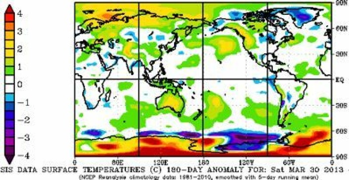 Global temperatur (avvik fra normalen) for de siste 180 døgn. (Foto: (Reanalyse fra NOAA))