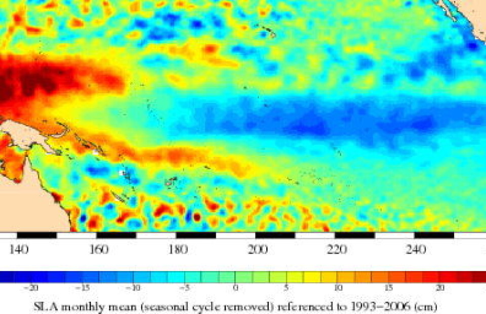 Her er den mye omtalte La Nina, sett med altimeter (høydemåler) fra satellitt. Blått = lavt havnivå = kaldt vann. (CNES/CLS)