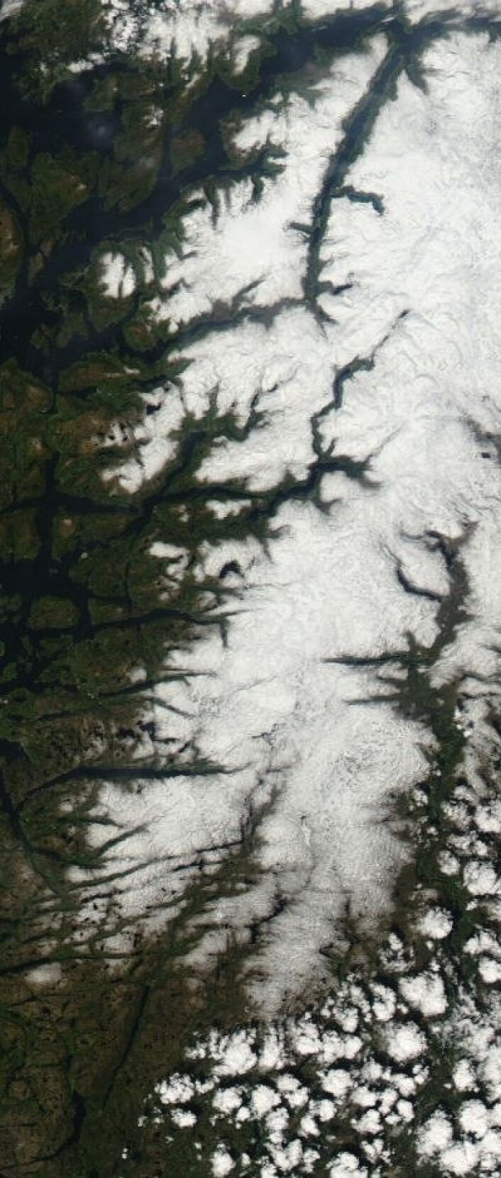 Snøen er på full retrett i Sør-Norge nå. Her er området fra Hardanger og sørover sett fra NASAs satellitt Aqua 25. mai. (Foto: (NASA Aqua MODIS)) Snøen er på full retrett i Sør-Norge nå. Her er området fra Hardanger og sørover sett fra NASAs satellitt Aqua 25. mai. (Foto: (NASA Aqua MODIS))