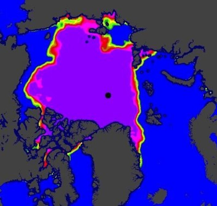 Sjøisen i Arktis 10. oktober. (Foto: (EUMETSAT osisaf.met.no)) Sjøisen i Arktis 10. oktober. (Foto: (EUMETSAT osisaf.met.no))