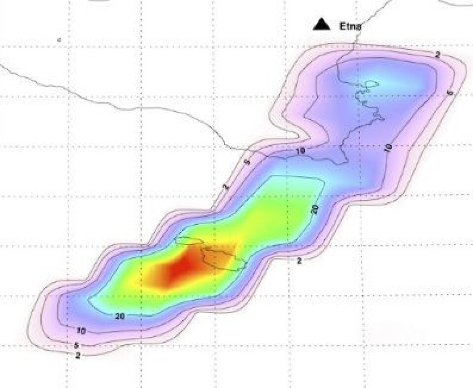 SO2 i svovelskyen fra Etna, målt 13. jan av norske NILU med NASAs satellitt AQUA, til hjelp for flytrafikken. Et av hovedoppslagene på ESAs web-sider denne uken. (NASA/NILU)