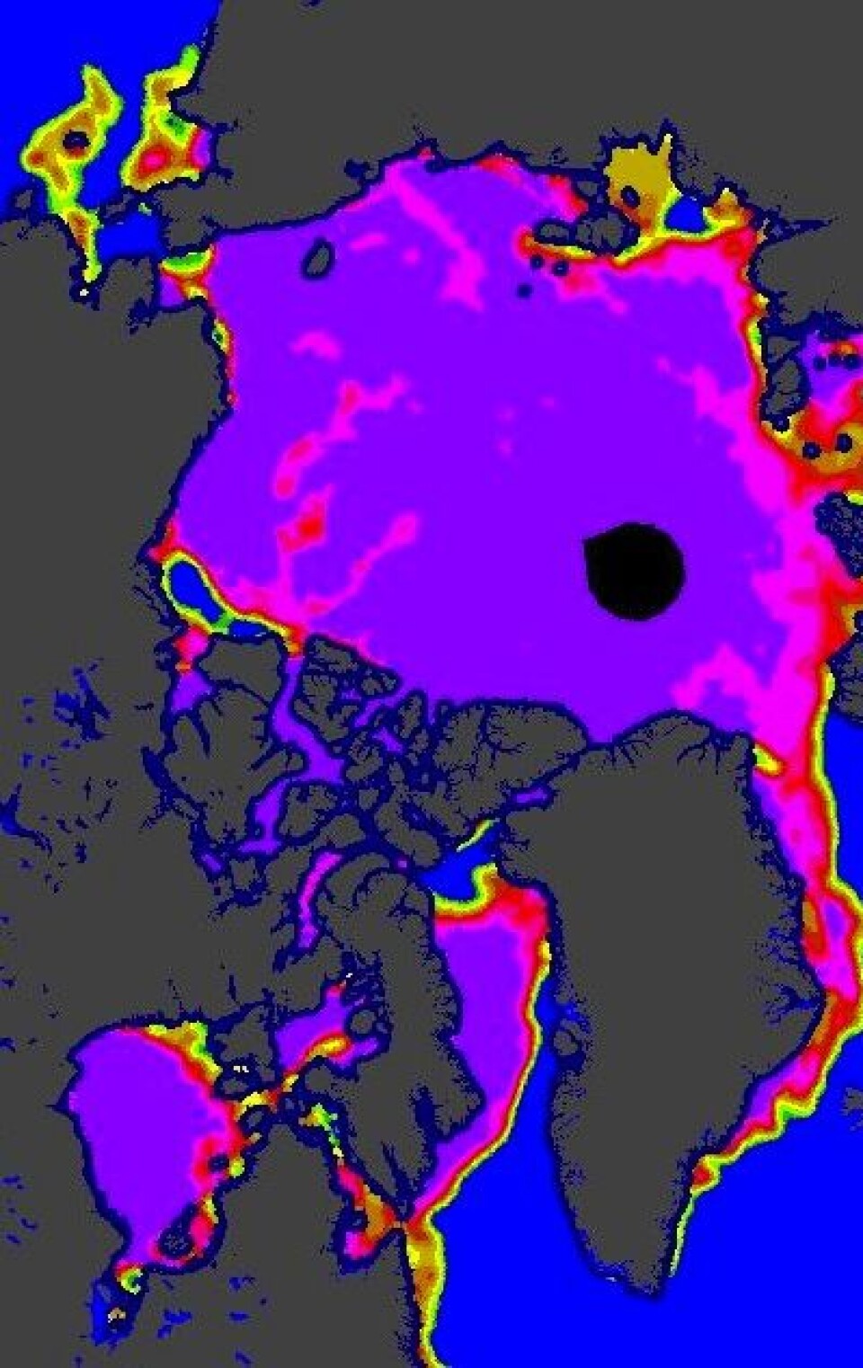 Litt mer blått hav i går. Men fortsatt mye is i Hudson Bay og Beringstredet. (Foto: (EUMETSAT / osisaf.met.no))